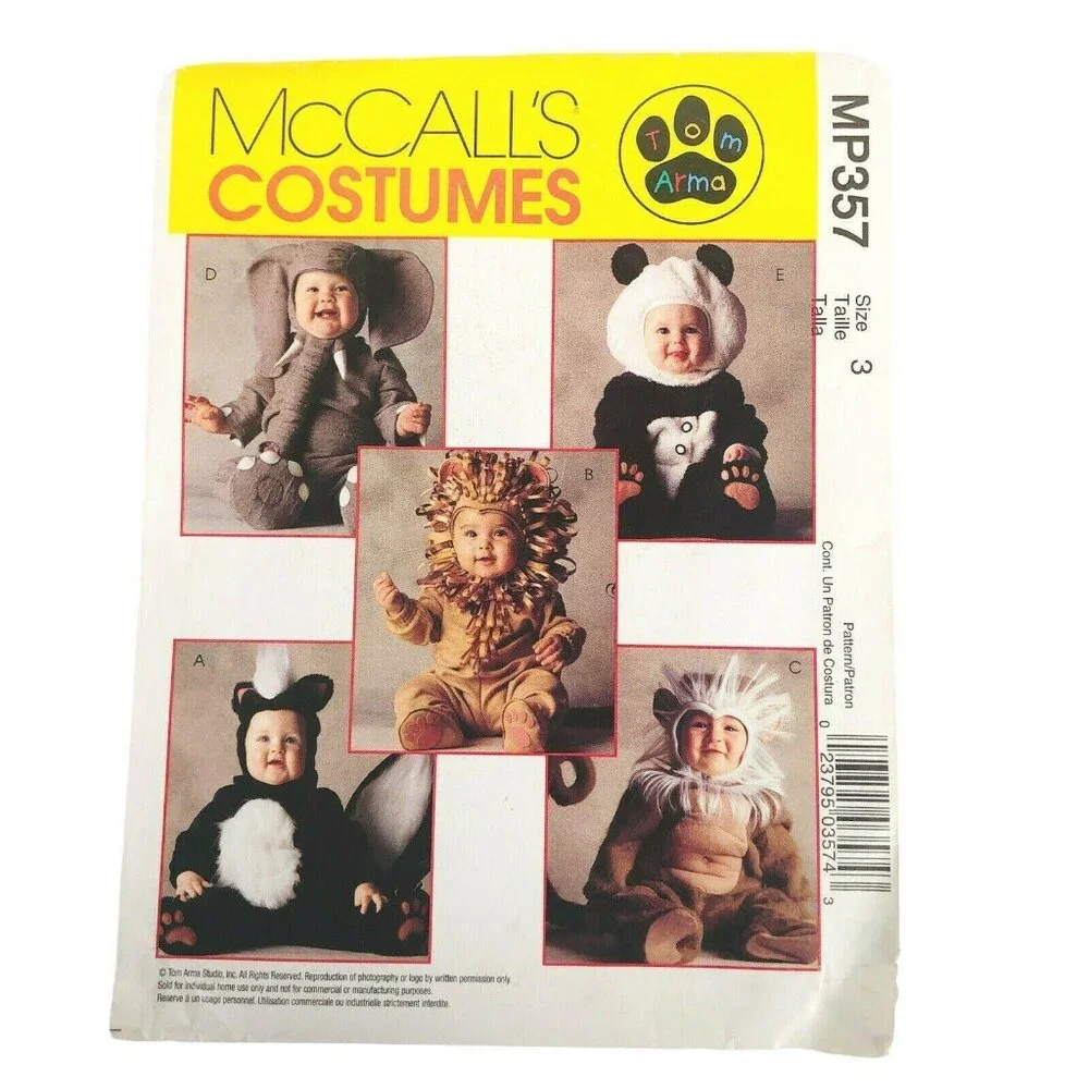 McCalls Animal Costume Sewing Pattern 8938 MP357 Size 3‎ Elephant Lion Panda